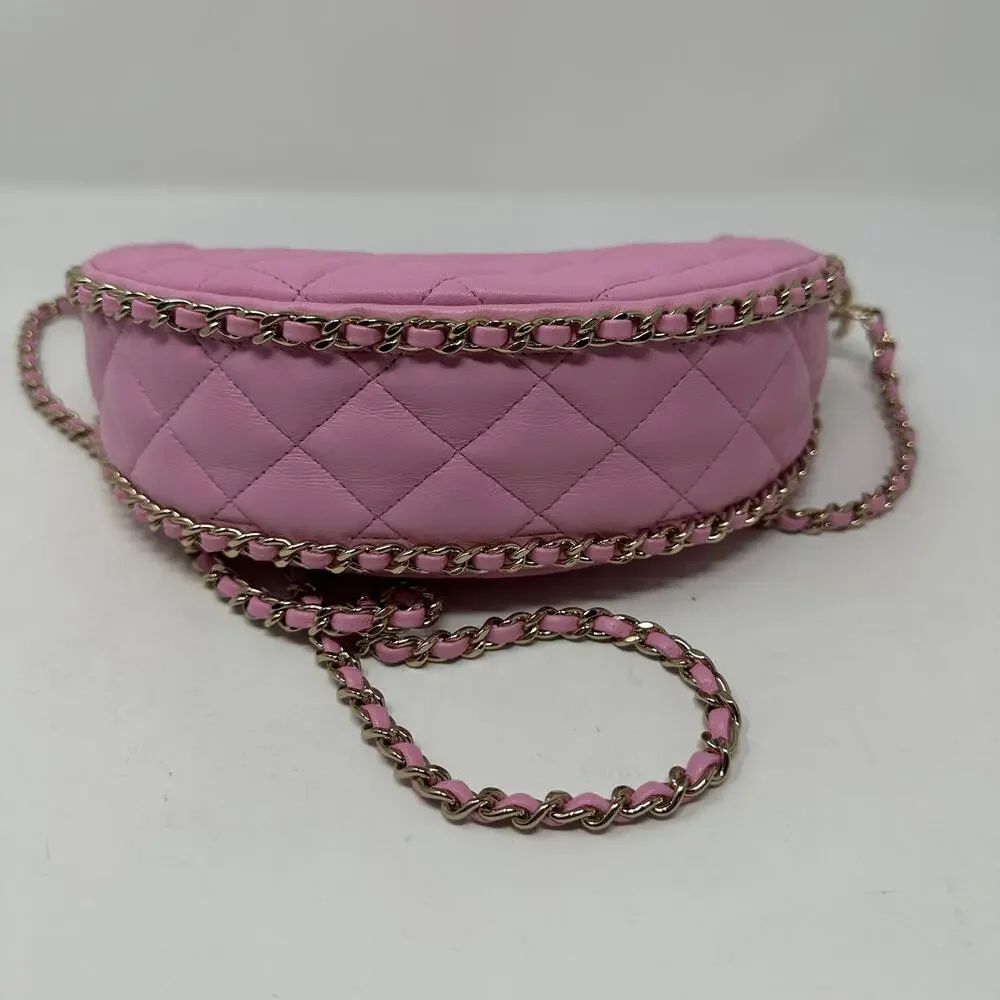 Chanel Clutch with Chain Lambskin Shiny Light Gold Metal Pink Women's One Size